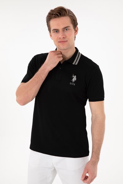 U.S. Polo Assn. تيشيرت أساسي للرجال بقصة ضيقة، بياقة بولو، باللون الأسود - 50298010-VR046