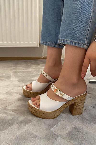 Preshley Our E-Construction Site for Rina White Platform Heeled Cork Sole Slippers & Sandals K-840