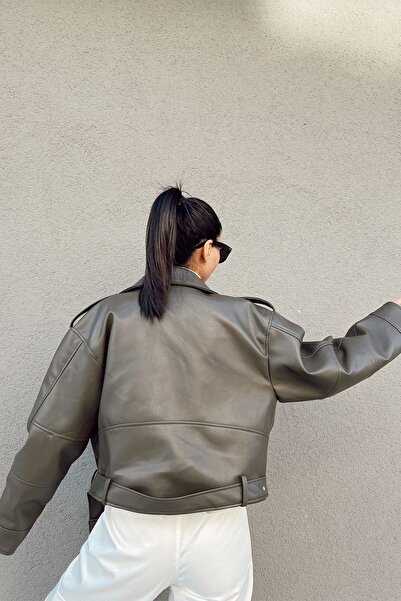 MEYASU Νέα σεζόν Χακί Χρώμα Faux Leather Oversize Belted Biker Jacket