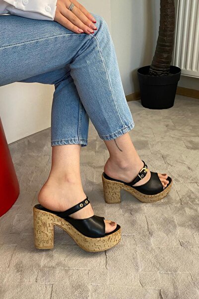 Preshley Women's Rina Black 10 cm Platform Heeled Cork Sole Slippers & Sandals K-840