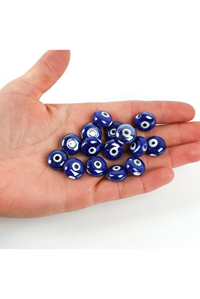 yfhobi 1 Adet - 15 mm Yuvarlak Nazar Desenli Porselen Boncuk, Mavi Renk Porse...