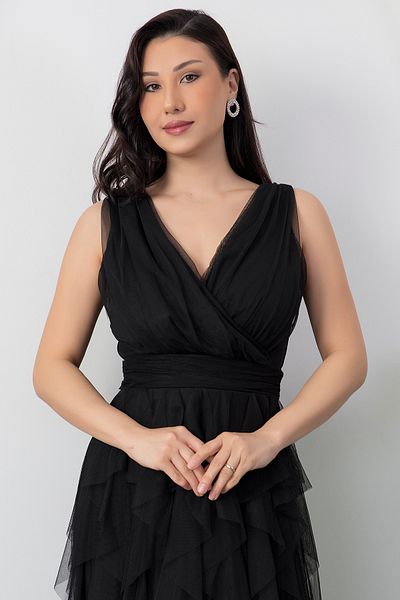 PULLIMM 13360 Double Breasted Ruffle Long Evening Dress