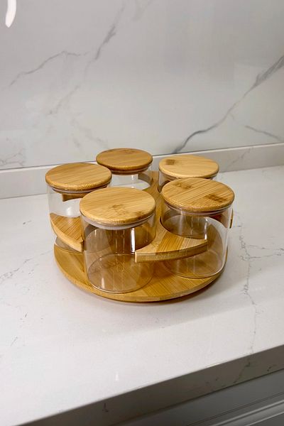 Albergio Bamboo Vacuum Lid - 500ml Rotary Stand Baharatlitik 5 Pieces