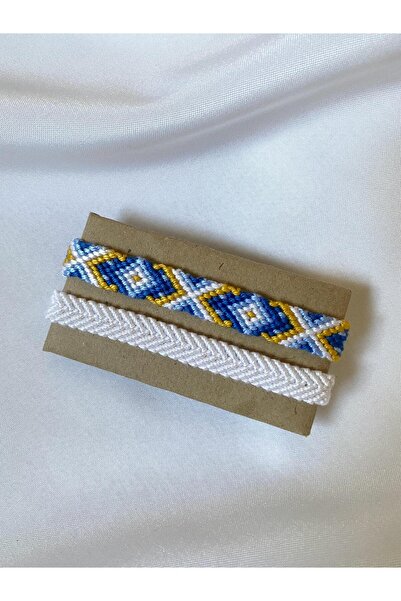 MELUSH Ethnic Patterned Blue and White Knitted Bracelet Set of 2