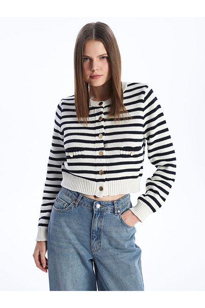 LC Waikiki Lcw Crew Neck Striped Women's Knitwear Cardigan Fast Fashion