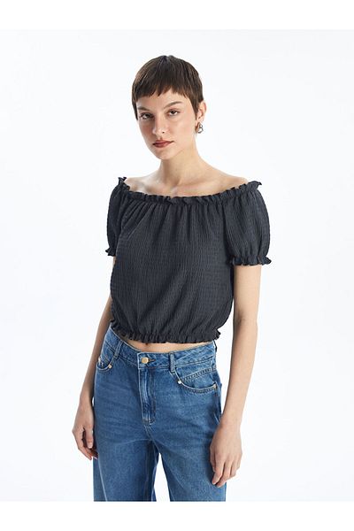 LC Waikiki New Season Boat Neck Plain Short Sleeve Crop Women's Blouse - S4Dc31Z8