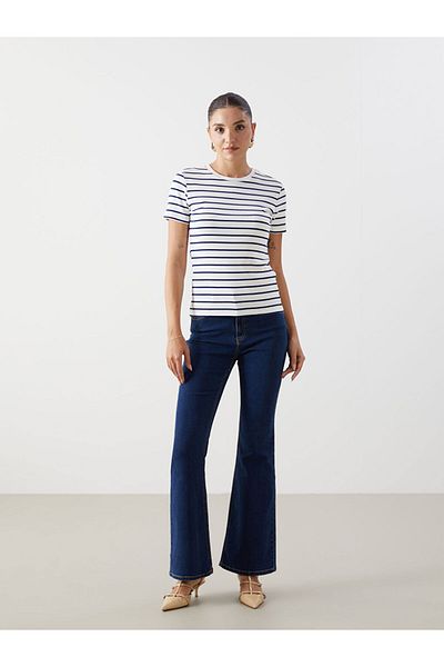 LC Waikiki Tricou cu dungi pentru damă, cu decolteu, sezon nou - S5AG39Z8