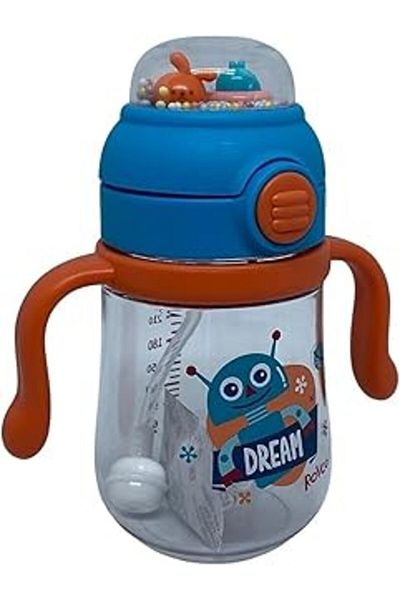 Rovco 260ml Cute Friends Patterned Rattle Smart Straw Tritan Water Bottle with Straw (Tu
