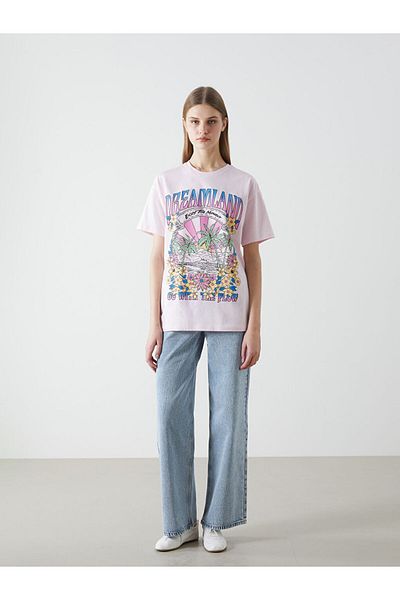 LC Waikiki Γυναικείο μπλουζάκι XSIDE Pink Crew Neck με στάμπα