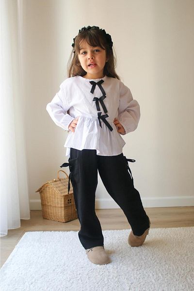 Magu Girl's Bow Detailed Blouse and Pocket Detailed Trousers Set of Two