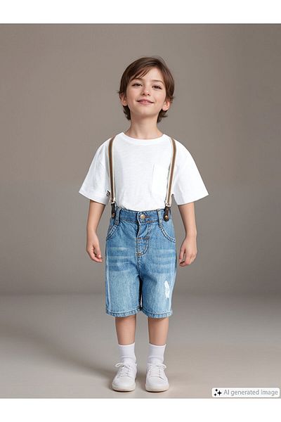 LC Waikiki Pantaloni scurți de jeans pentru bebeluși cu bretele de bază cu talie elastică