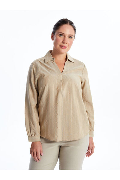 LC Waikiki Beige Shirt Collar Striped Women's Blouse