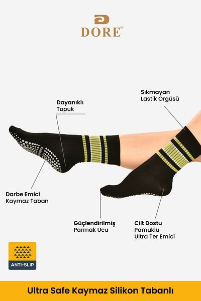 Dore Green Black 1-Piece Anti-Slip Sole Socks for Pilates and Yoga - Double Non-Slip