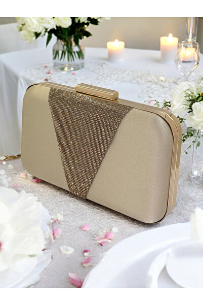 Biçanta Culoare nudă satin Rosegold Stone Geantă de seară Geantă de seară Geantă de nuntă de logodnă