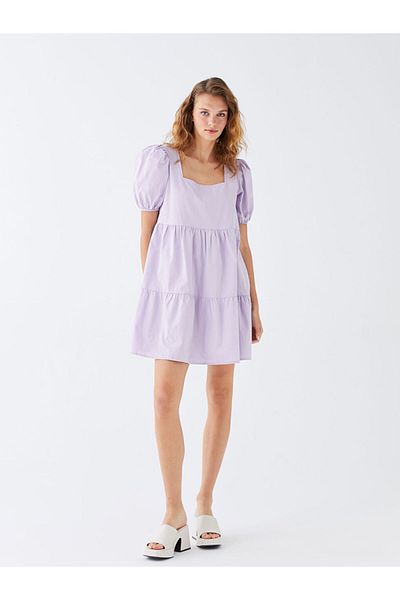 LC Waikiki Lcw Square Collar Plain Short Sleeve Poplin Women's Dress Fast Fashion