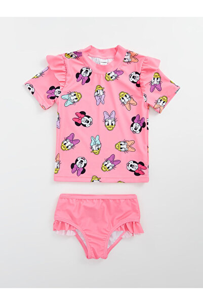 LC Waikiki Pembe Bisiklet Yaka Kısa Kollu Baskılı Kız Bebek Bikini Takım