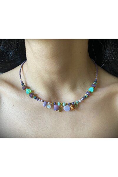 dela otantik El Yapımı Zarif Bohem Kolye – Pastel ve Mor Vintage Otantik Boncuku Özel Tasarım Takı Necklace
