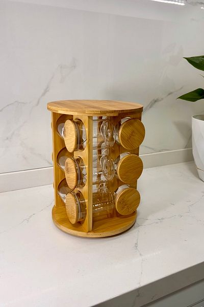 Albergio Glass Jar Set with Bamboo Lid and Rotating Stand - 12 Pcs 250ml