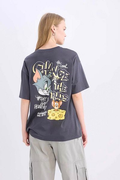 DeFacto Coool Tom & Jerry Oversize Anthracite Women's T-Shirt D9100Ax/Ar191