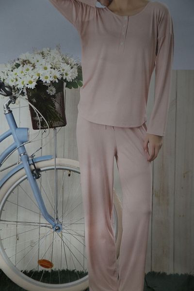 Pijamoni Crew Neck Powder Half Placket Dublin Fabric Pajama Set