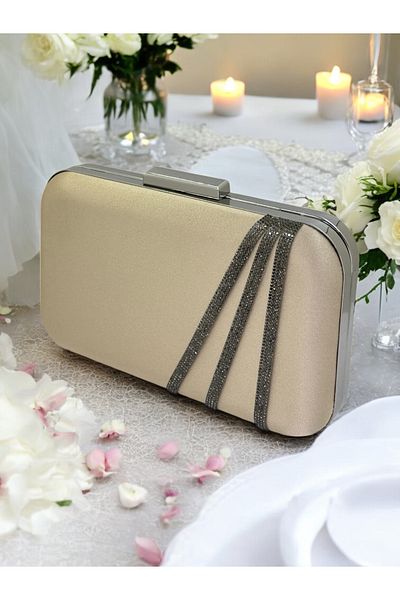 Biçanta Nude Color Satin Platinum Stone Βραδινό Τσάντα Βραδινή Τσάντα Αρραβώνα Τσάντα Γάμου