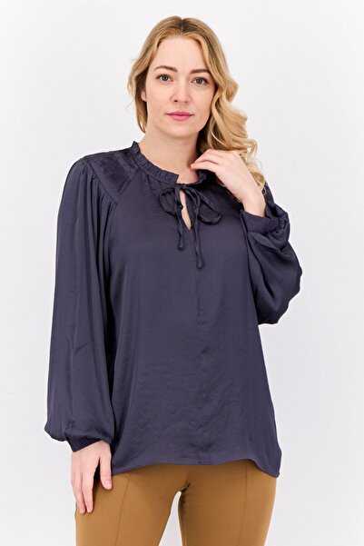 Philosophy Women Tie Neck Long Sleeve Solid Blouse, Navy
