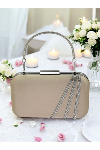 Biçanta Nude Color Satin Silver Stone Βραδινό Τσάντα Βραδινή Τσάντα Αρραβώνα Τσάντα Γάμου