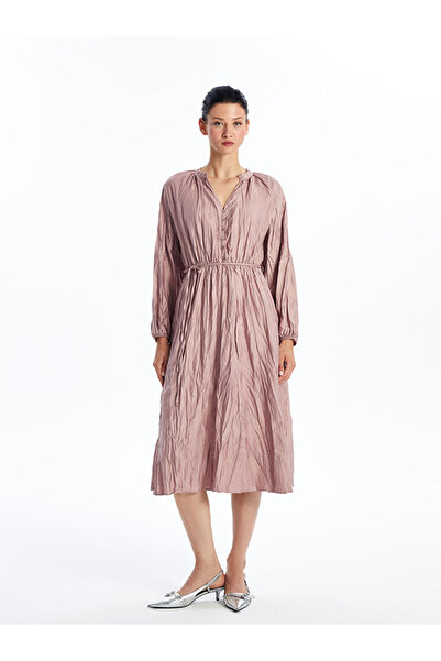 LC Waikiki Pink Scoop Neck Straight Long Sleeve Satin Dress