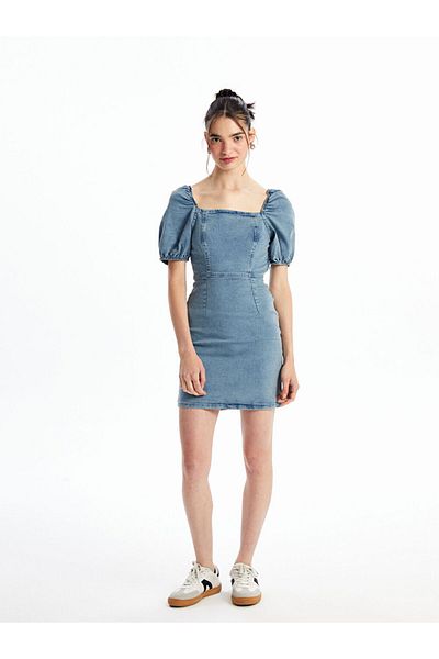 LC Waikiki Rochie de damă din denim cu mâneci scurte cu guler pătrat de sezon nou - S48291Z8