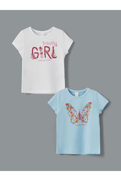 LC Waikiki Tricou pentru fete cu imprimeu cu gâtul rotund de sezon nou, pachet de 2 - S5KH95Z1