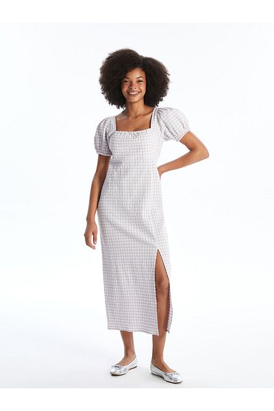 LC Waikiki Lcw Square Collar Plaid Short Sleeve Women's Dress Fast Fashion
