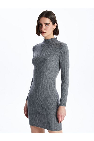 LC Waikiki Lcw Ruffled Stand Collar Straight Long Sleeve Women's Knitwear Dress Fast Fashion