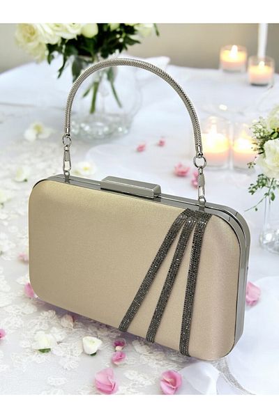 Biçanta Nude Color Satin Platinum Stone Βραδινό Τσάντα Βραδινή Τσάντα Αρραβώνα Τσάντα Γάμου