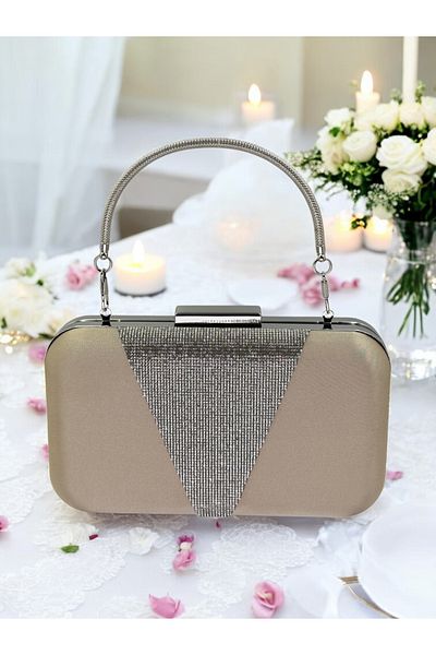 Biçanta Nude Color Satin Silver Stone Βραδινό Τσάντα Βραδινή Τσάντα Αρραβώνα Τσάντα Γάμου