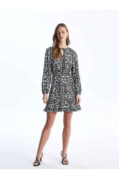 LC Waikiki Lcw Tie-Up Neckline Print Long Sleeve Women's Dress Fast Fashion