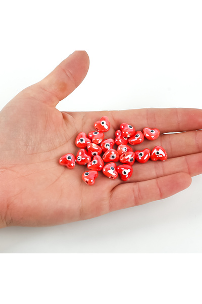 yfhobi 1 Adet - 11 mm Kalp Nazar Desenli Porselen Boncuk, Kırmızı Renk Porsel...