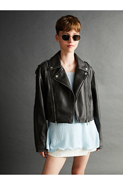 LC Waikiki سترة نسائية سوداء ذات ياقة جلدية لراكبي الدراجات النارية