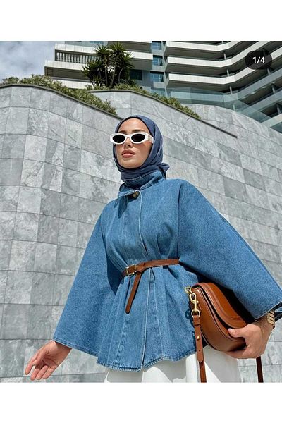 Zümrüt Poncho din denim cu curea 1753