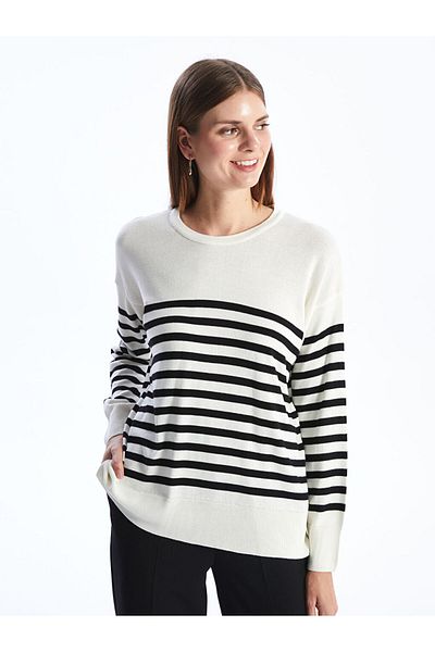 LC Waikiki New Season Crew Neck Striped Long Sleeve Oversize Women's Knitwear Sweater - S4Fe59Z8