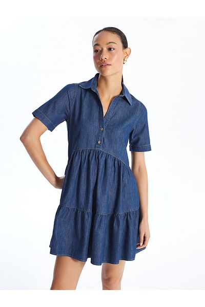 LC Waikiki Lcw Shirt Collar Straight Short Sleeve Women's Jean Dress Fast Fashion