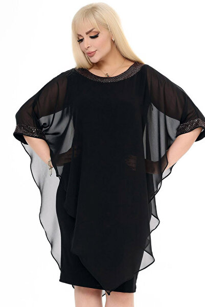 MissThetis Yuvarlak Yaka Yarım Kol Tül Pelerinli Kol Ucu ve Yaka Taş İşlemeli Şık Cool Dökümlü Midi Boy Elbise