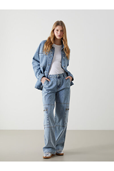 LC Waikiki Rmz Gi̇yi̇m Farkiyla High Waist Wide Leg Women's Cargo Jean Pants