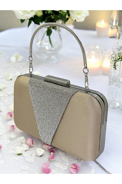 Biçanta Nude Color Satin Silver Stone Βραδινό Τσάντα Βραδινή Τσάντα Αρραβώνα Τσάντα Γάμου