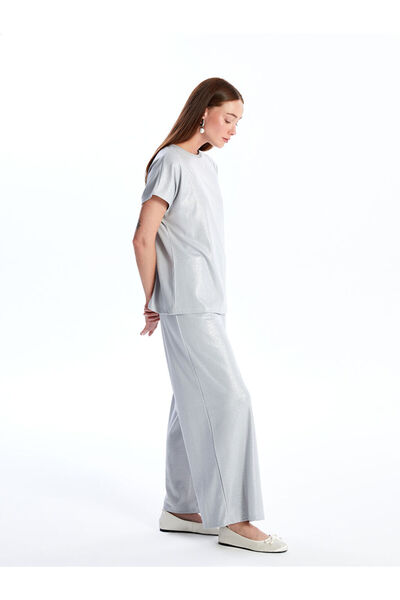 LC Waikiki Gray Elastic Waist Straight Wide Leg Women's Metallic Trousers