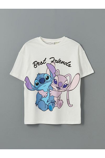 LC Waikiki Ecru Crew Neck Stitch and Angel Printed Girl's T-Shirt