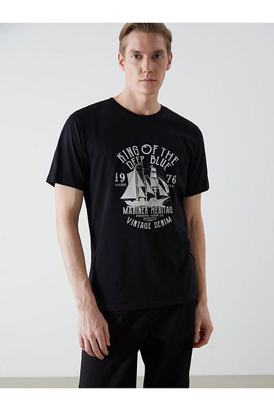 LC Waikiki Ανδρικό μπλουζάκι LCW Crew με κοντό μανίκι με εμπριμέ χτενισμένο βαμβάκι