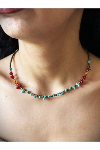 dela otantik El Yapımı Otantik Kolye – Mercan ve Turkuaz Taşlı, Etnik ve Bohem Tarz Zarif Takı - Necklace Jewelry