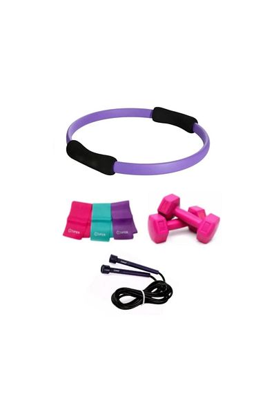 PLUSSPORT Pilates Set of 4 (1 Kg x 2 Dumbbells + 3-Piece Resistance Band + Jump Rope + Pilates Circle)