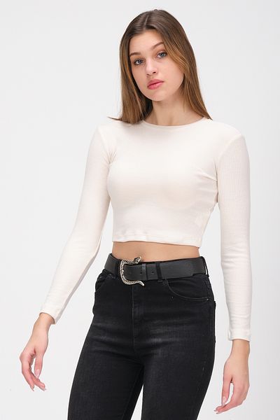 PUNKY CAT Women's Ecru Long Sleeve Ribbed Blouse Crop Knitted T-Shirt