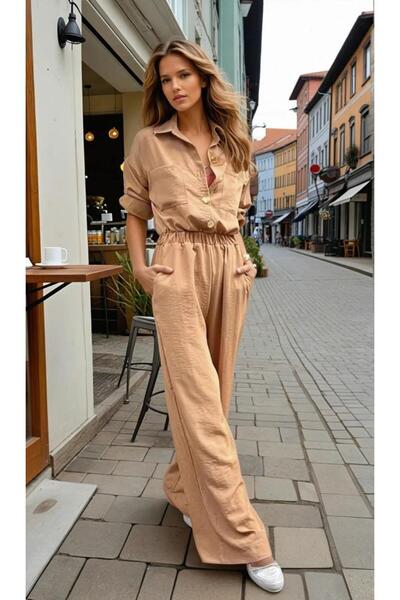 Pasaklı Giyim Women's Brown Pocketed Waist Elasticized Long Sleeve Loose Cut Kupra Jumpsuit Suitable for Hijab